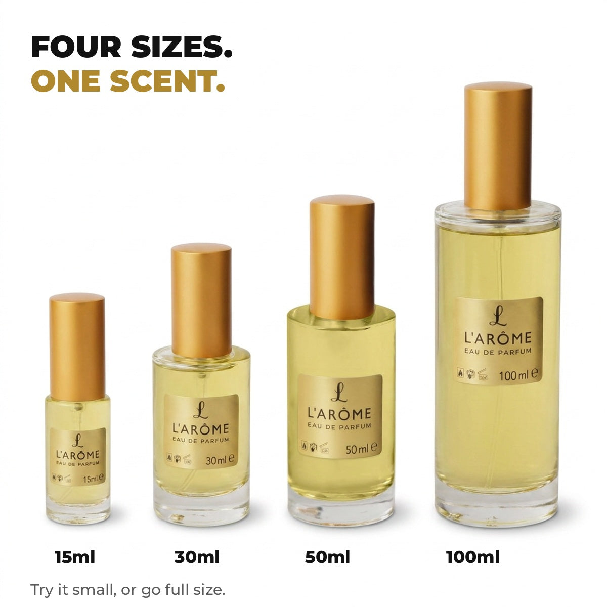 Four sizes: 15ml, 30ml, 50ml and 100ml
